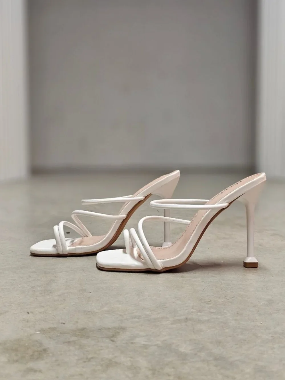Strappy White High Heel Mules With Square Toe & Slim Stiletto Heels For Women - Picture 4 of 14